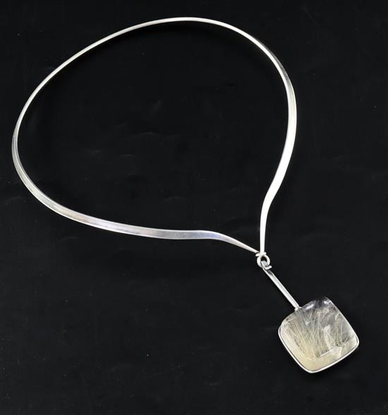 A Vivianna Torun for Georg Jensen sterling silver and rutilated quartz Dew Drop pendant collarette, design no. 132